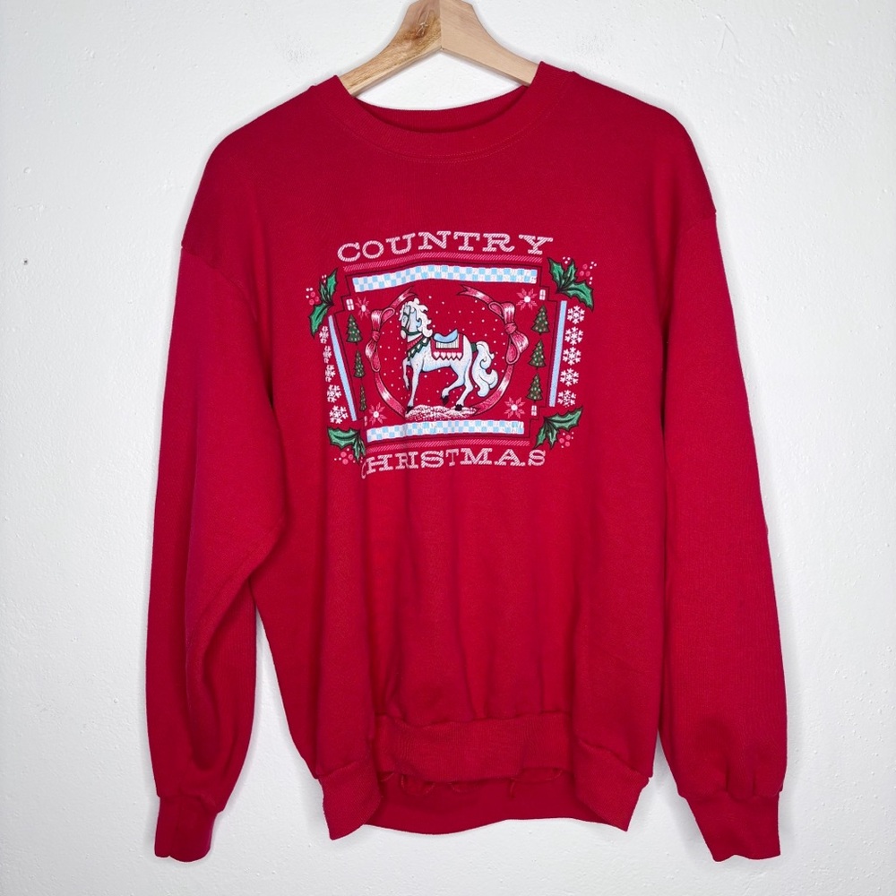 Vintage Country Christmas Crewneck Sweater Red Horse Snow-globe Size Large